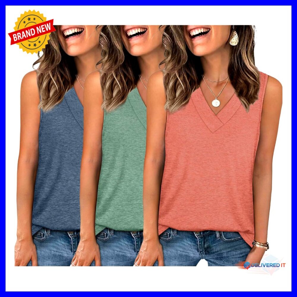 V-Neck Tank Tops 3-Pack Sleeveless Casual Lightweight Breathable Summer Wardrobe